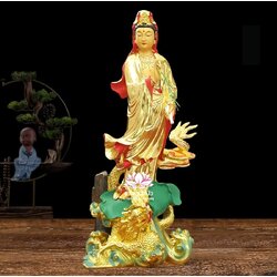 พระโพธิสัตว์กวนอิมปางเหยียบมังกร พระแม่กวนอิมยืนมังกร งานเรซิ่น สีทอง/ขาว/ฟ้า ขนาด 26 นิ้ว