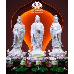 พระพุทธเจ้า (พระยูไล) พระโพธิสัตว์กวนอิม (กวนอิมผ่อสัก) พระมหาสถามปราปต์โพธิสัตว์ (ไต่ซีจี่ผ่อสัก) ปางยืนประทับบนดอกบัว ขนาด 23 นิ้ว