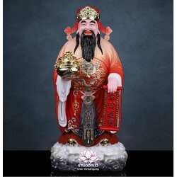 เทพเจ้าไฉ่ชิงเอี๊ย เทพเจ้าแห่งโชคลาภ ประทับยืนบนบัลลังก์ งานหินอ่อนคุณภาพสูง ขนาด 12/16/19 นิ้ว
