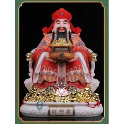 เทพเจ้าไฉ่ชิงเอี๊ย เทพเจ้าแห่งโชคลาภ ประทับนั่งบัลลังก์มังกรบนกองเงิน งานหินอ่อนคุณภาพสูง ขนาด 12/16/19/26 นิ้ว