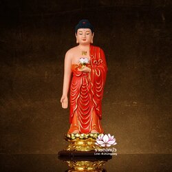 พระพุทธเจ้า พระยูไล ปางประทับยืนบนบัลลังก์ดอกบัว งานเรซิ่น ขนาด 16/19 นิ้ว สีแดง/ทอง