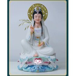 พระโพธิสัตว์กวนอิม ปางนั่งชันเข่าประทับบนดอกบัว งานหินอ่อนคุณภาพสูง ขนาด 12/16/19/26 นิ้ว