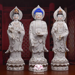 พระพุทธเจ้า (พระยูไล) พระโพธิสัตว์กวนอิม (กวนอิมผ่อสัก) พระมหาสถามปราปต์โพธิสัตว์ (ไต่ซีจี่ผ่อสัก) ปางยืนประทับบนดอกบัว ขนาด 24 นิ้ว