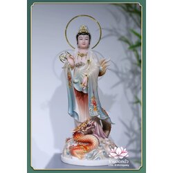 พระโพธิสัตว์กวนอิมปางเหยียบมังกร พระแม่กวนอิมยืนมังกร งานหินอ่อนคุณภาพสูง ขนาด 16/19/26 นิ้ว