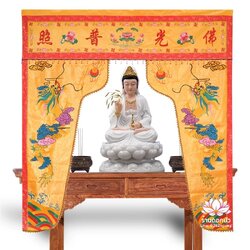 ม่านพระ ม่านหน้าโต๊ะไหว้เจ้า ม่านประตูต้อนรับเทพเจ้า ปักลายมังกรและดอกบัว สั่งทำตามขนาด Line: @262nguwy