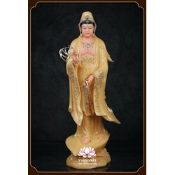 พระโพธิสัตว์กวนอิม พระแม่กวนอิมปางประทานพร ประทับยืนบนกลีบบัว งานหินอ่อนคุณภาพสูง ขนาด 16/19/26/35/51 นิ้ว สีบุษราคัม