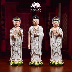 พระพุทธเจ้า (พระยูไล) พระโพธิสัตว์กวนอิม (กวนอิมผ่อสัก) พระมหาสถามปราปต์โพธิสัตว์ (ไต่ซีจี่ผ่อสัก) งานกระเบื้องฮกเกี้ยนลงสี ขนาด 16 นิ้ว