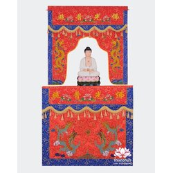 ม่านพระ ม่านหน้าโต๊ะไหว้เจ้า ม่านประตูต้อนรับเทพเจ้า ปักลายมังกรและดอกบัว สีแดง/น้ำเงิน/เหลือง สั่งทำตามขนาด Line: @262nguwy