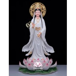 พระโพธิสัตว์กวนอิม พระแม่กวนอิมปางประทานพร ประทับยืนบนดอกบัว (เมี่ยวซ่าน) งานหินอ่อนคุณภาพสูง ขนาด 16/19/26 นิ้ว