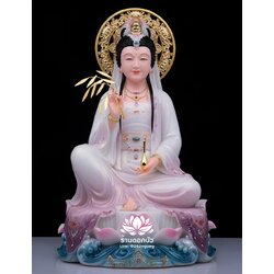 พระโพธิสัตว์กวนอิม ปางนั่งชันเข่าประทับบนดอกบัว งานหินอ่อนคุณภาพสูง ขนาด 12/16/19/26 นิ้ว