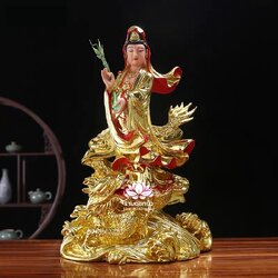 พระโพธิสัตว์กวนอิมปางเหยียบมังกร พระแม่กวนอิมยืนมังกร งานเรซิ่น สีทอง ขนาด 19 นิ้ว