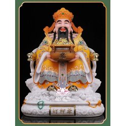 เทพเจ้าไฉ่ชิงเอี๊ย เทพเจ้าแห่งโชคลาภ ประทับนั่งบัลลังก์มังกรบนกองเงิน งานหินอ่อนคุณภาพสูง ขนาด 12/16/19/26 นิ้ว