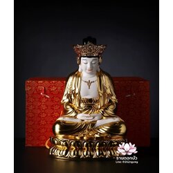 พีลูกวนอิม พระโพธิสัตว์กวนอิมปางสำเร็จธรรม ฝีมือช่างระดับอาจารย์ สีขาวปิดทอง ขนาด 18 นิ้ว