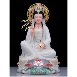 พระโพธิสัตว์กวนอิม ปางนั่งชันเข่าประทับบนดอกบัว งานหินอ่อนคุณภาพสูง ขนาด 12/16/19/26 นิ้ว