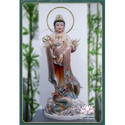 พระโพธิสัตว์กวนอิมปางเหยียบมังกร พระแม่กวนอิมยืนมังกร งานหินอ่อนคุณภาพสูง ขนาด 16/19/26 นิ้ว