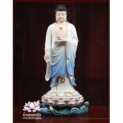 พระพุทธเจ้า พระยูไล ปางยืนประทับบนดอกบัว พระหัถต์ถือดอกบัว ลงสีออมเบร ขนาด 23 นิ้ว