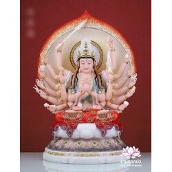 พระจุนทีโพธิสัตว์ พระโพธิสัตว์จุนทา ประทับนั่งบนดอกบัว งานหินอ่อนคุณภาพสูง ขนาด 12/16/19 นิ้ว