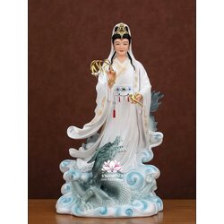 พระโพธิสัตว์กวนอิมปางเหยียบมังกร พระแม่กวนอิมยืนมังกร งานเรซิ่นคุณภาพสูง ขนาด 12/16/19/26 นิ้ว