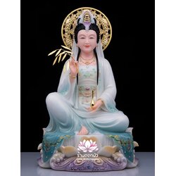 พระโพธิสัตว์กวนอิม ปางนั่งชันเข่าประทับบนดอกบัว งานหินอ่อนคุณภาพสูง ขนาด 12/16/19/26 นิ้ว