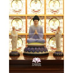 พระพุทธเจ้าและพระอัครสาวก พระมหากัสสปะและพระอานนท์ งานกระเบื้องฮกเกี้ยน ลงสีขลิบทอง