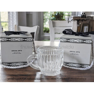 ของชำร่วยงานศพ แก้วกาแฟมะเฟือง ใส่กล่องมีหูหิ้วสีเทา ริบบิ้นสีดำ