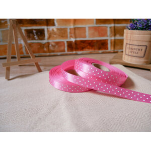 ริบบิ้นผ้าสีชมพูเข้ม พิมพ์ลายจุดสีขาว ขนาด 1.2 cm.