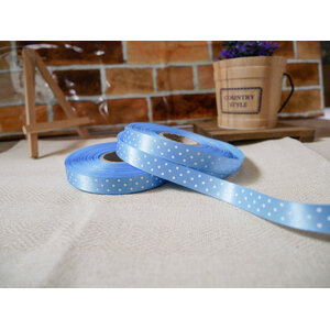 ริบบิ้นผ้าฟ้าอ่อน พิมพ์ลายจุดสีขาว ขนาด 1.2 cm.