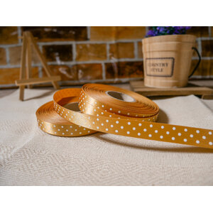 ริบบิ้นผ้าสีทอง พิมพ์ลายจุดสีขาว ขนาด 1.2 cm.
