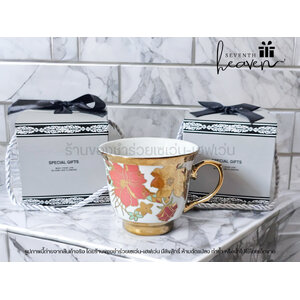 ของชำร่วยงานศพ แก้วกาแฟลายทอง ใส่กล่องมีหูหิ้วสีเทา ริบบิ้นด้านบนสีดำ