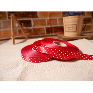 ริบบิ้นผ้าสีแดง พิมพ์ลายจุดสีขาว ขนาด 1.2 cm.