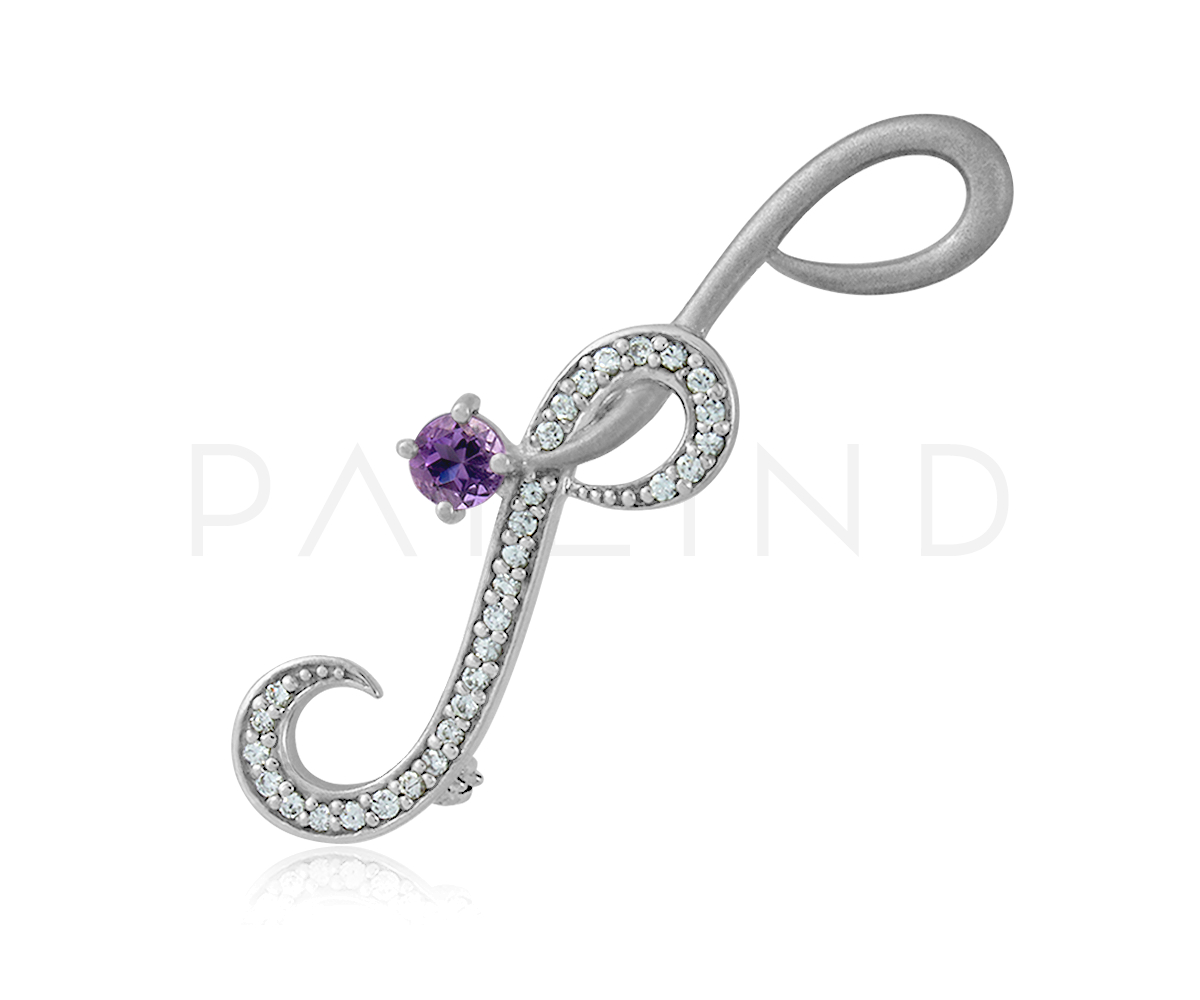 เข็มกลัดเงินประดับพลอย Amethyst & เพชรรัสเซีย