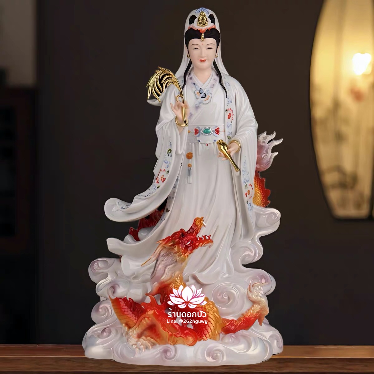 พระโพธิสัตว์กวนอิมปางเหยียบมังกร พระแม่กวนอิมยืนมังกร งานเรซิ่นคุณภาพสูง ขนาด 16/19/26 นิ้ว