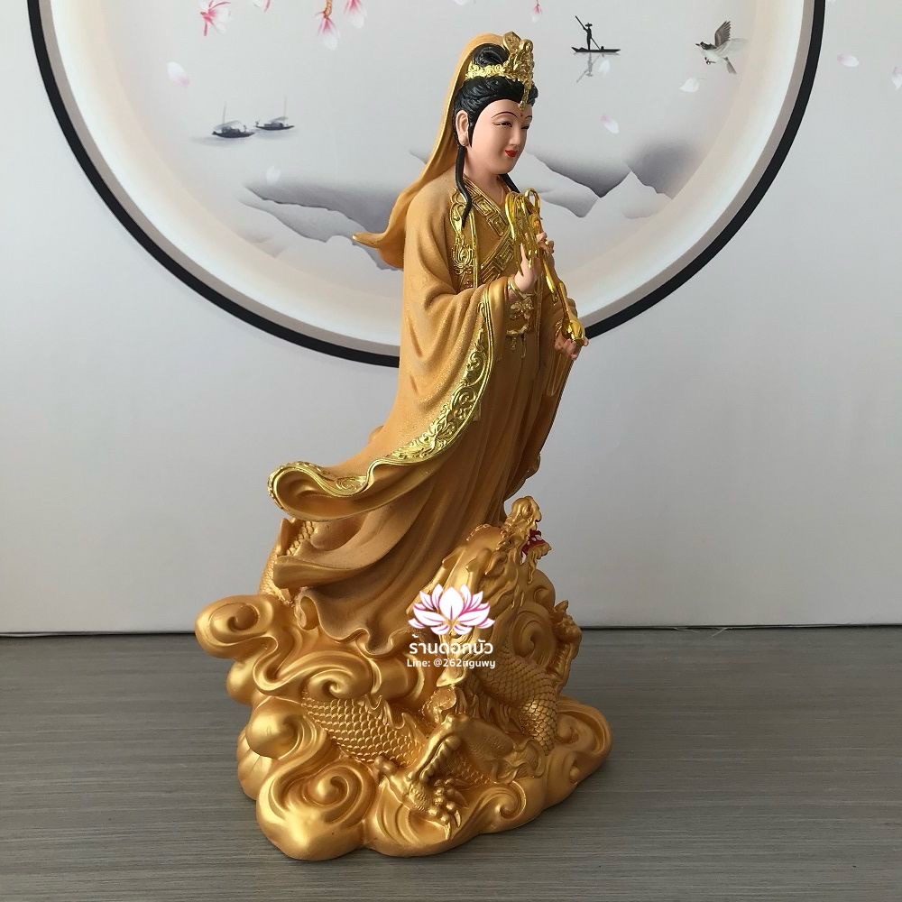 พระโพธิสัตว์กวนอิมปางเหยียบมังกร พระแม่กวนอิมยืนมังกร สีทองพ่นเนื้อทราย ขนาด 16/19 นิ้ว