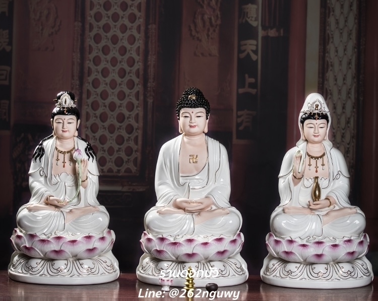 พระอมิตาภพุทธะ (พระยูไล), พระโพธิสัตว์กวนอิม (กวนอิมผ่อสัก), พระมหาสถามปราปต์โพธิสัตว์ (ไต่ซีจี่ผ่อสัก) ขนาด 12/14/16/18 นิ้ว