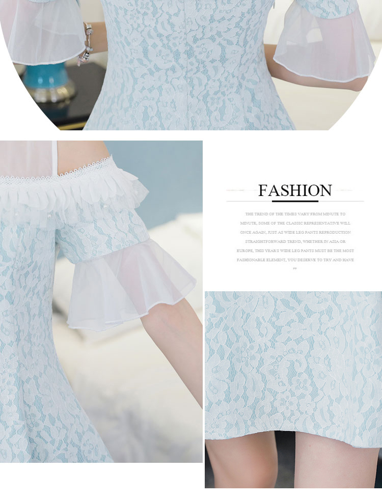 ชุดเดรสสั้นเปิดไหล่ผ้าลูกไม้สีเขียวอมฟ้าอ่อนสวยหวาน