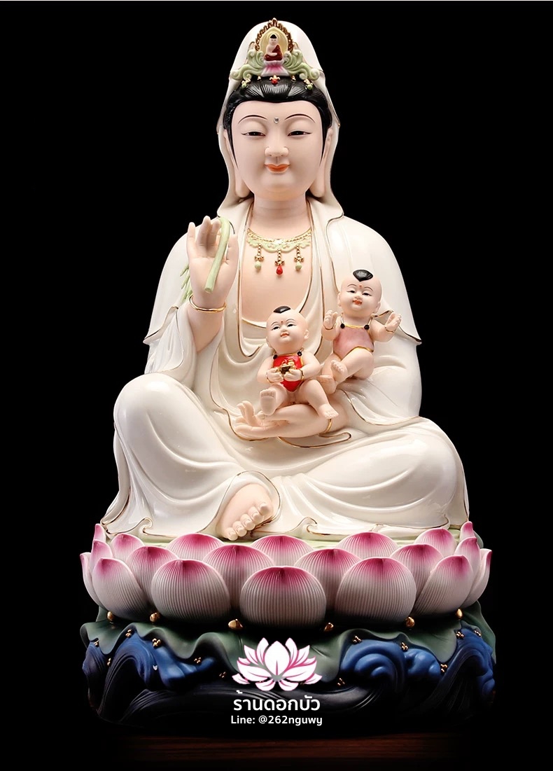พระโพธิสัตว์กวนอิม พระแม่กวนอิมมหาโพธิสัตว์ กวนอิมผ่อสัก ปางประทานบุตรประทับนั่งดอกบัว ขนาด 12/14/16/18/20 นิ้ว