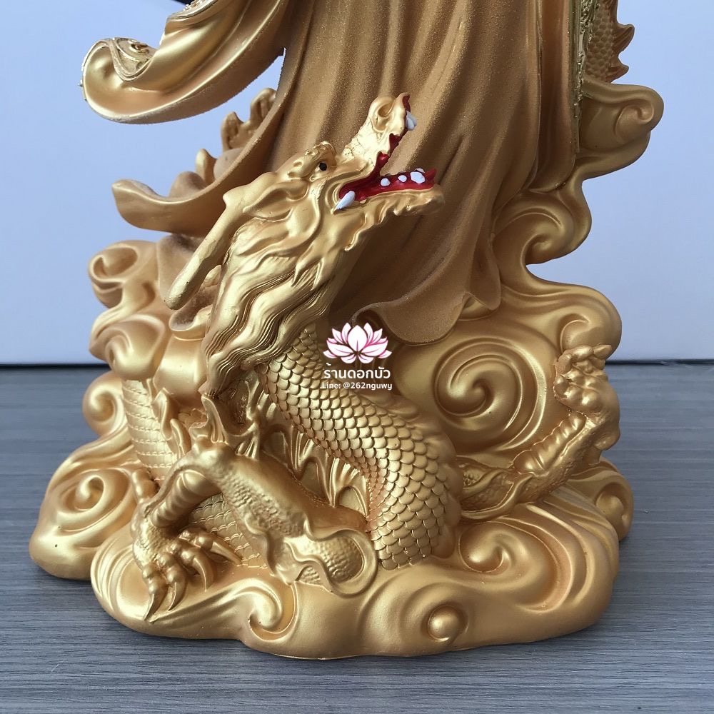 พระโพธิสัตว์กวนอิมปางเหยียบมังกร พระแม่กวนอิมยืนมังกร สีทองพ่นเนื้อทราย ขนาด 16/19 นิ้ว