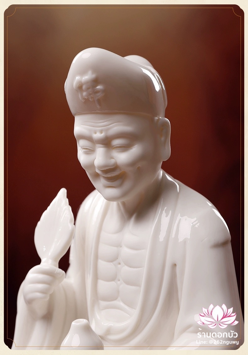 พระอรหันต์จี้กง เต้าจี้ฉานซือ งานกระเบื้องฮกเกี้ยน สีขาวเคลือบเงา ขนาด 12/16 นิ้ว