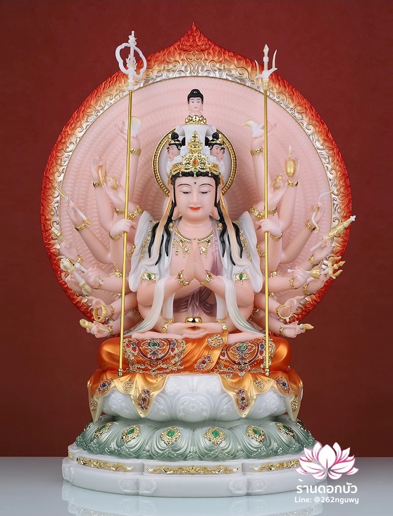 พระโพธิสัตว์กวนอิมพันกร พระแม่กวนอิมพันมือ ประทับนั่งบนดอกบัว งานหินอ่อนคุณภาพสูง ขนาด 12/16/19 นิ้ว