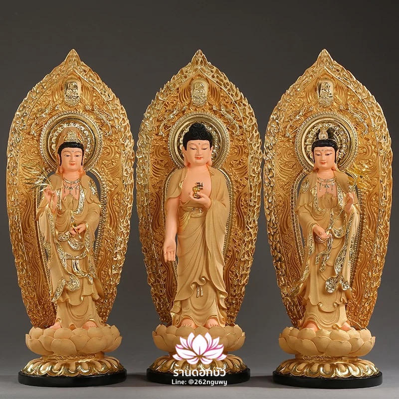 พระพุทธเจ้า (พระยูไล) พระโพธิสัตว์กวนอิม (กวนอิมผ่อสัก) พระมหาสถามปราปต์โพธิสัตว์ (ไต่ซีจี่ผ่อสัก) ปางยืนบนดอกบัว ขนาด 16/19/26 นิ้ว