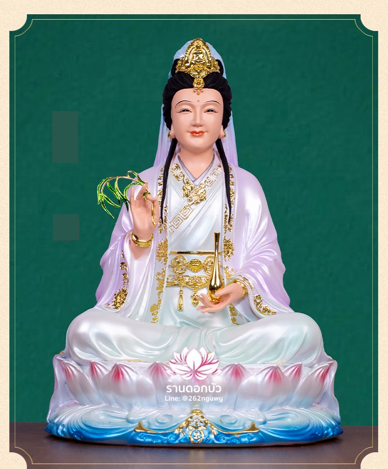 พระโพธิสัตว์กวนอิม พระแม่กวนอิม (เมี่ยวซ่าน) ปางประทานพรนั่งบนดอกบัว งานเรซิ่น ขนาด 16/19 นิ้ว