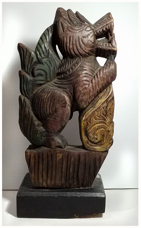 สิงห์ไม้แกะ ไม้แกะสลักประดับหัวเกวียน ศิลป์พม่า สูง 38cm