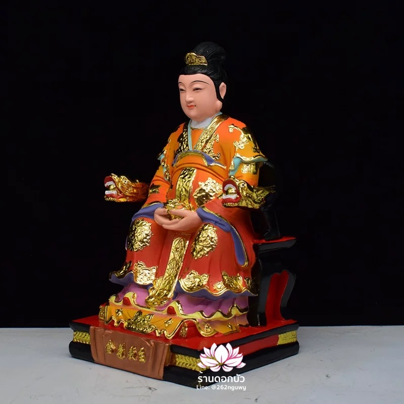 กิมฮั้วเนี่ยเนี้ย กิมฮั้วฮูหยิน เทพดอกไม้ทอง ปางประทับนั่งบัลลังก์มังกร ขนาด 12/16 นิ้ว