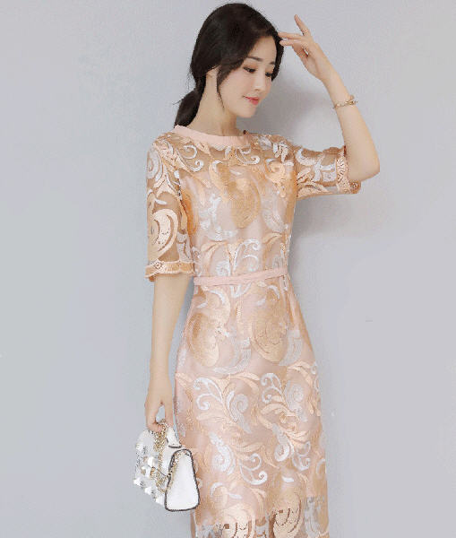 ชุดเดรสสั้นสีโอโรสผ้าแก้วปักลายในตัว ชุดเข้ารูป สวยหรู