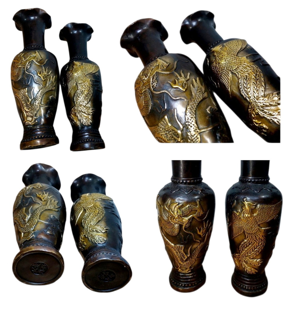 (คู่)แจกันทองเหลืองลายหงส์มังกร💥ตำหนินิด💥ลดพิเศษ