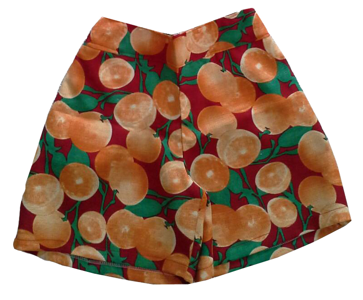 กางเกงขาสั้นและเสื้อผ้ามิลินพิมพ์ลายส้ม กระเป๋าขวา ซิปซ้าย เอวยางยืดหลัง