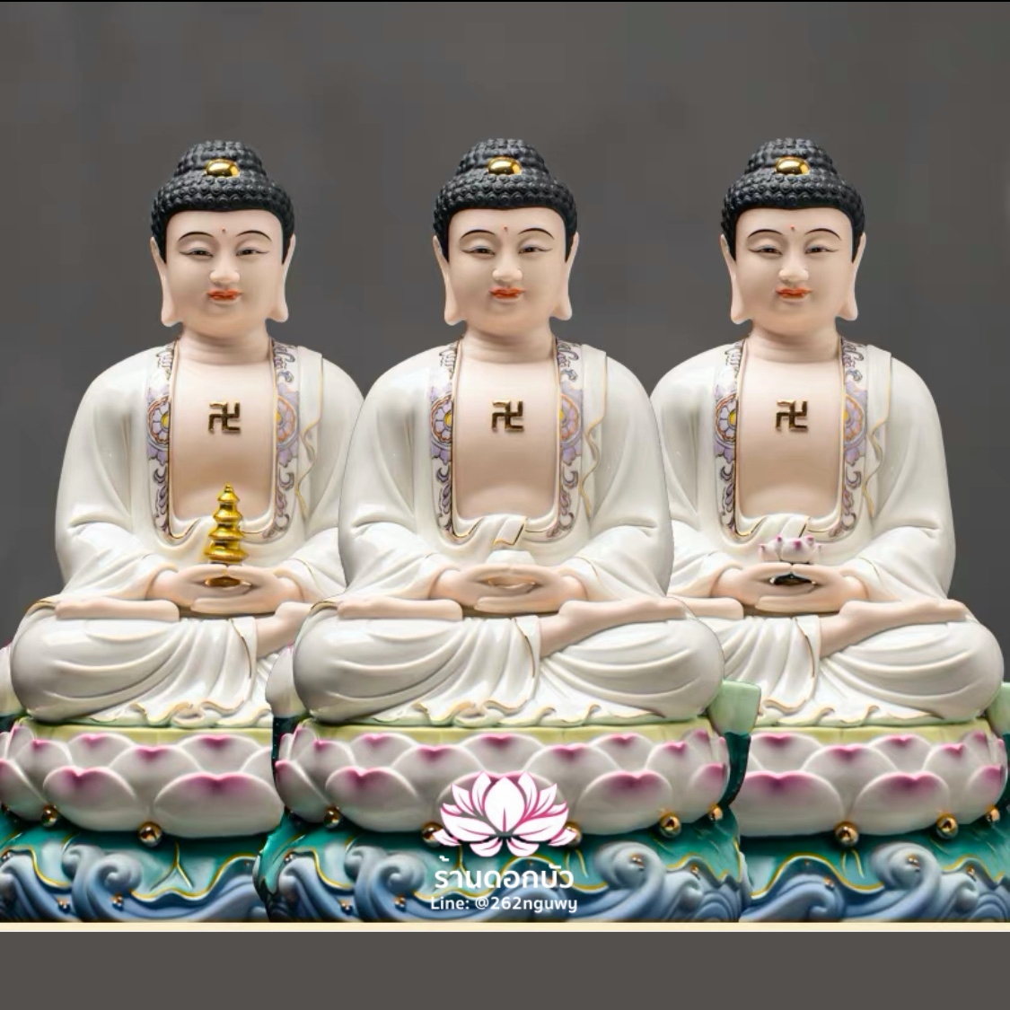 ซำปอฮุกโจ้ว ไตรรัตนพุทธเจ้า พระพุทธเจ้า 3 พระองค์ พระยูไล ปางประทับนั่งดอกบัว ขนาด 12/16 นิ้ว