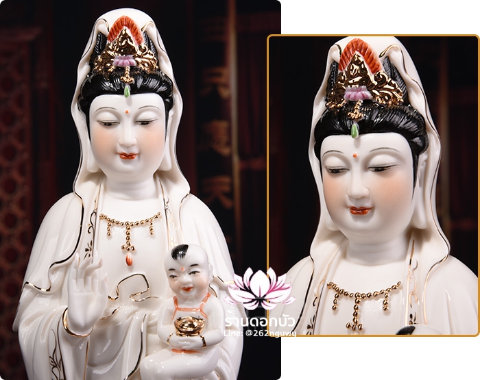 พระโพธิสัตว์กวนอิม พระแม่กวนอิมปางประทานบุตร ประทับยืนบนดอกบัว ขนาด 12 นิ้ว