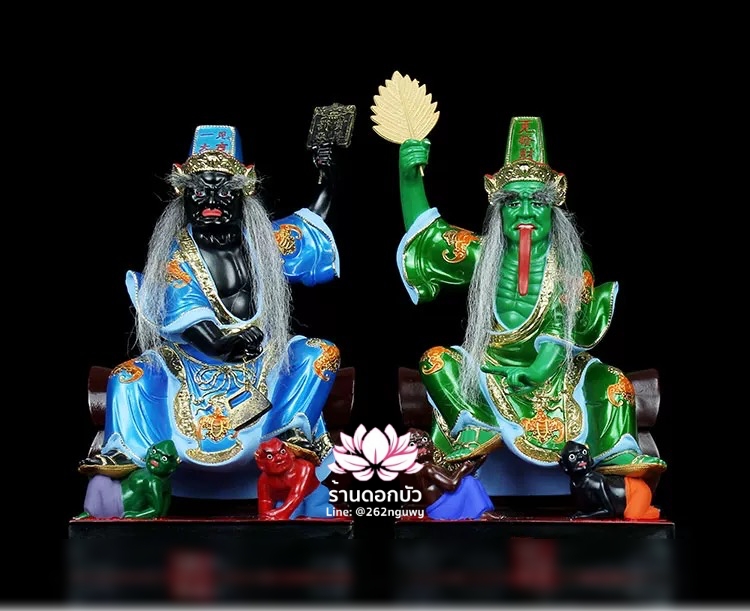 ชิดเอี๋ยโป๊ยเอี๋ย ตั่วแปะหยี่แปะ ยมฑูตขาวดำ ปางนั่งโลงจำปาเหยียบบริวาร งานเรซิ่น ขนาด 12/16/19 นิ้ว