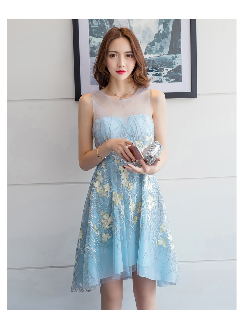 ชุดเดรสสั้นผ้าโปร่งสีฟ้าอ่อน ปักลายดอกไม้สีเหลืองอ่อน สวยหรู